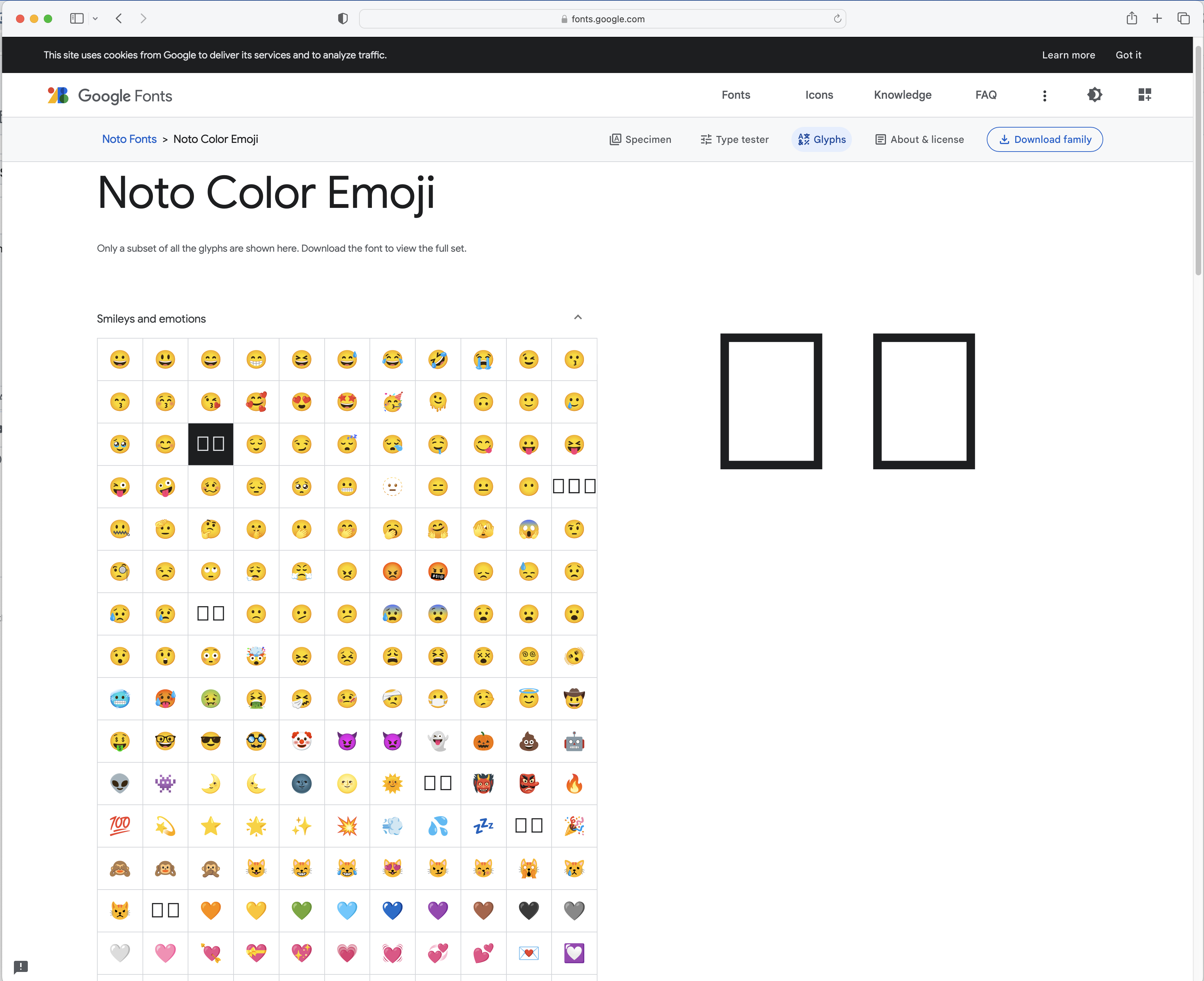 Safari shows tofus for color U+FE0F emoji sequences in the Glyphs
