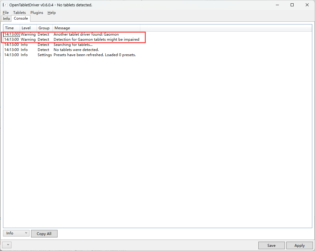 No tablets were detected with warning "Another tablet driver found