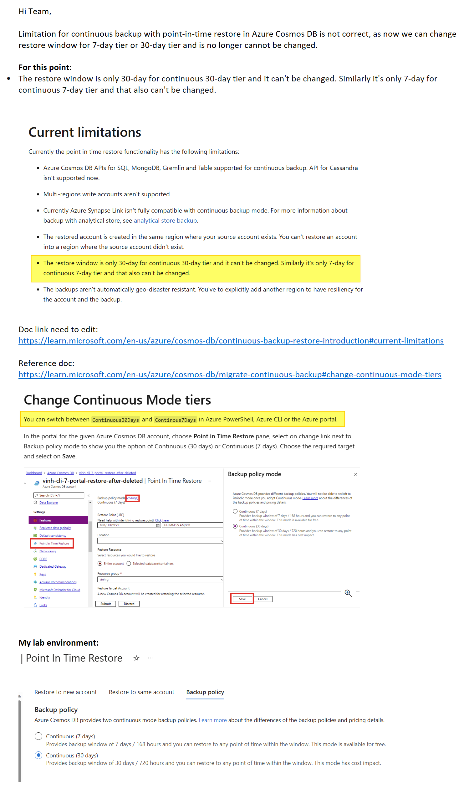 Limitation for continuous backup with point in time restore in azure