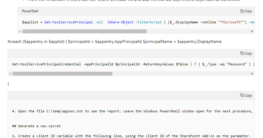 Garbled code snippet in documentation on replacing client secrets ...