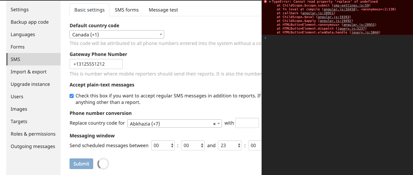 Submit not working on Basic Settings tab on SMS admin page · Issue ...