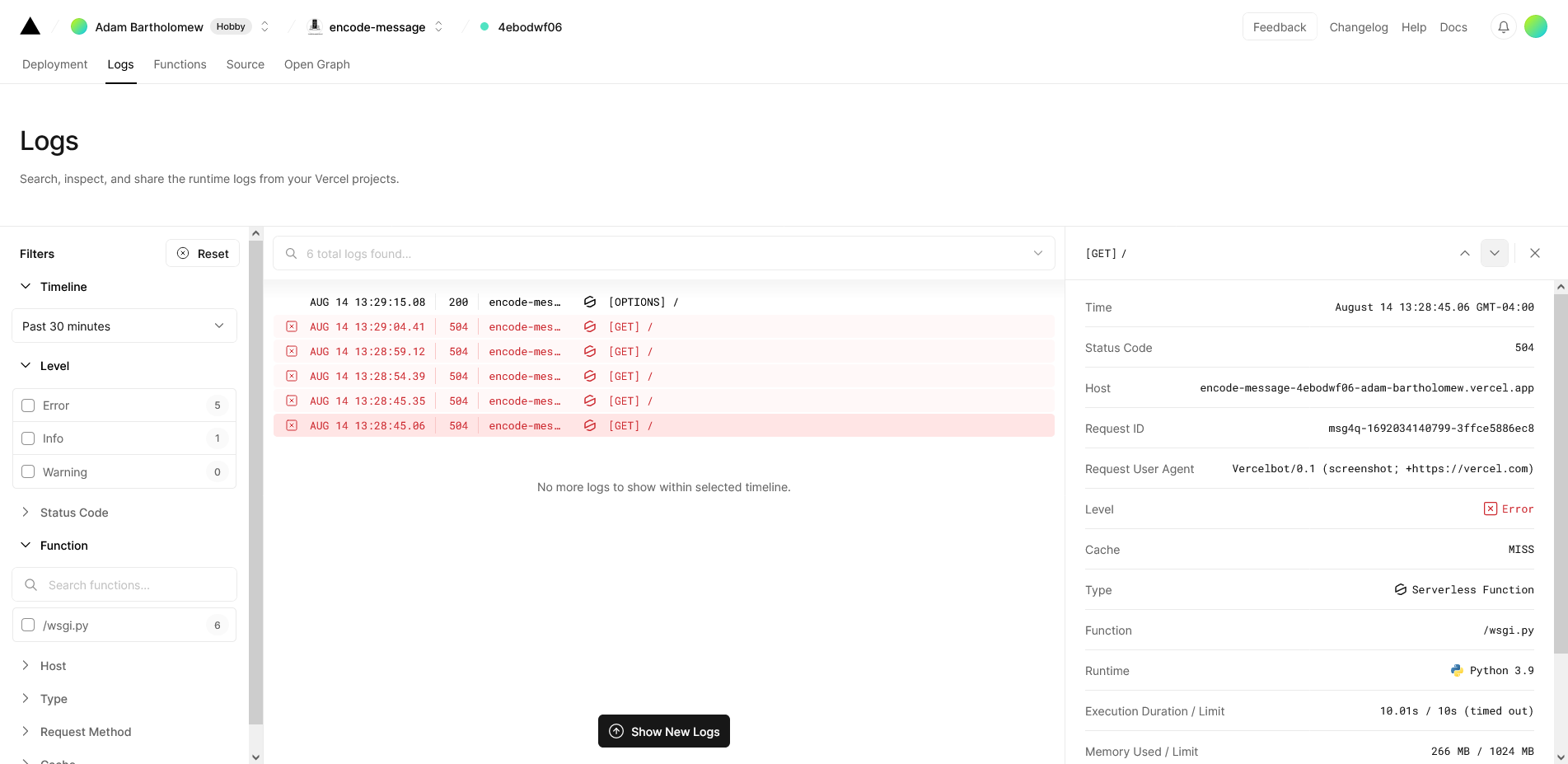 Python Flask 504 Gateway Timeout Loading large datasets · vercel