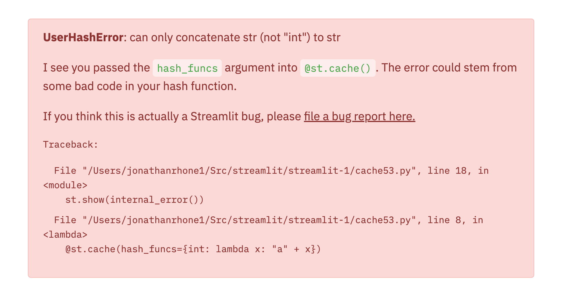 Handle internal caching errors · Issue #1007 · streamlit/streamlit · GitHub