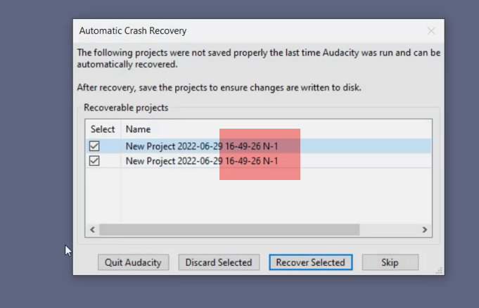 When Multiple Projects Are Recovered On Startup Audacity Crashes