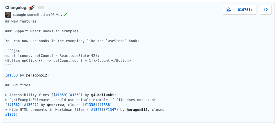Commit message with a changelog