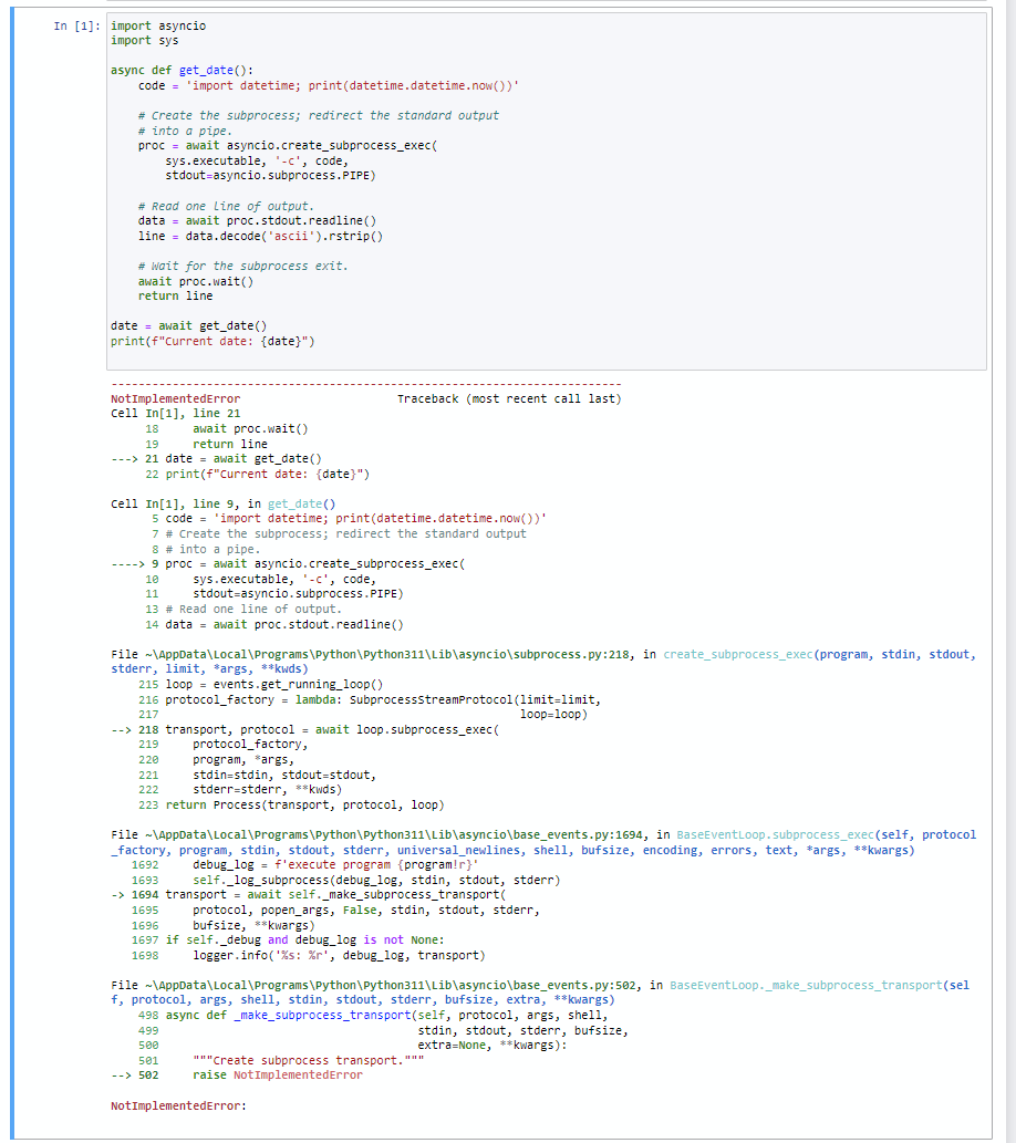 asyncio.create_subprocess_exec throws NotImplementedError in Windows
