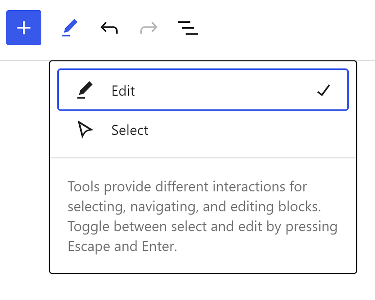 Edit/select buttons in the WordPress block editor workspace