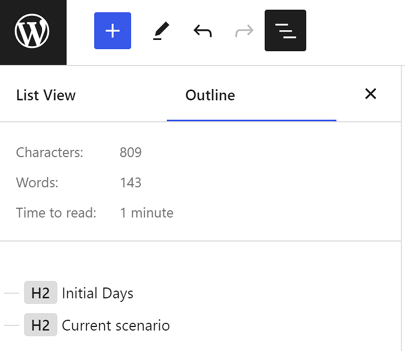 The i icon next to redo icon shows document details in the WordPress block editor workspace including characters, word counts, and headings