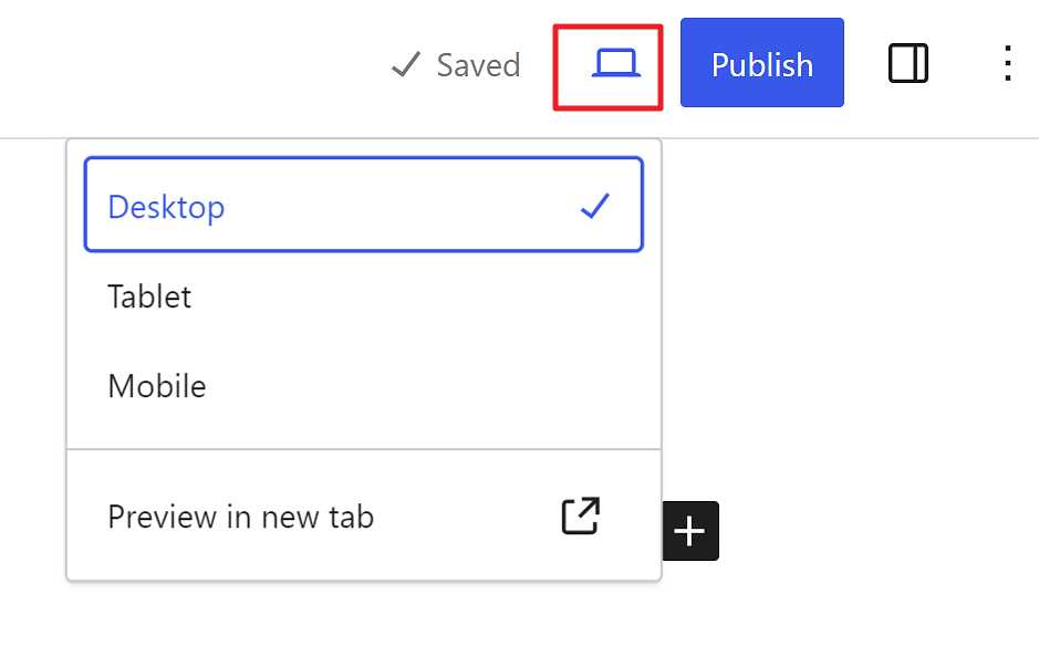 Top right side of post edit screen shows a device icon for preview feature of the post and options for selecting device to preview the post in. 