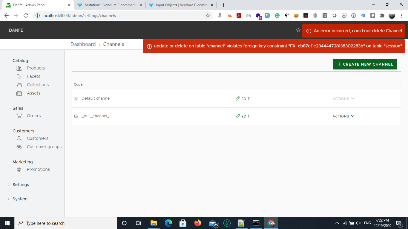 Can't delete channel Foreign key violation · Issue 597 · vendure