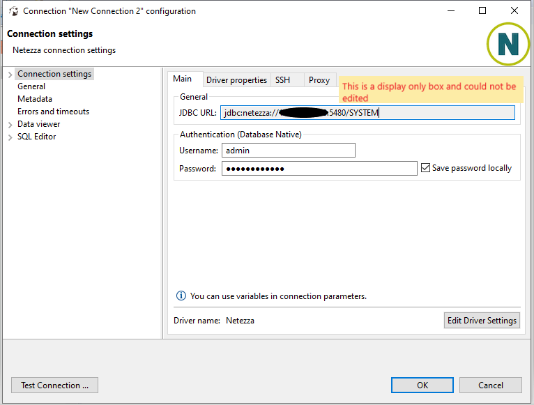 Netezza Database name remains the same when the Connections Settings ...