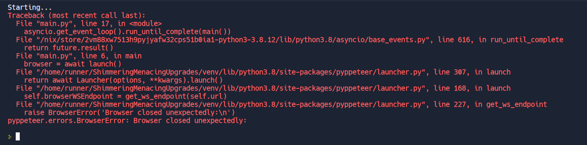 Can't run pyppeteer in local, or on web-based machine such as Replit ...