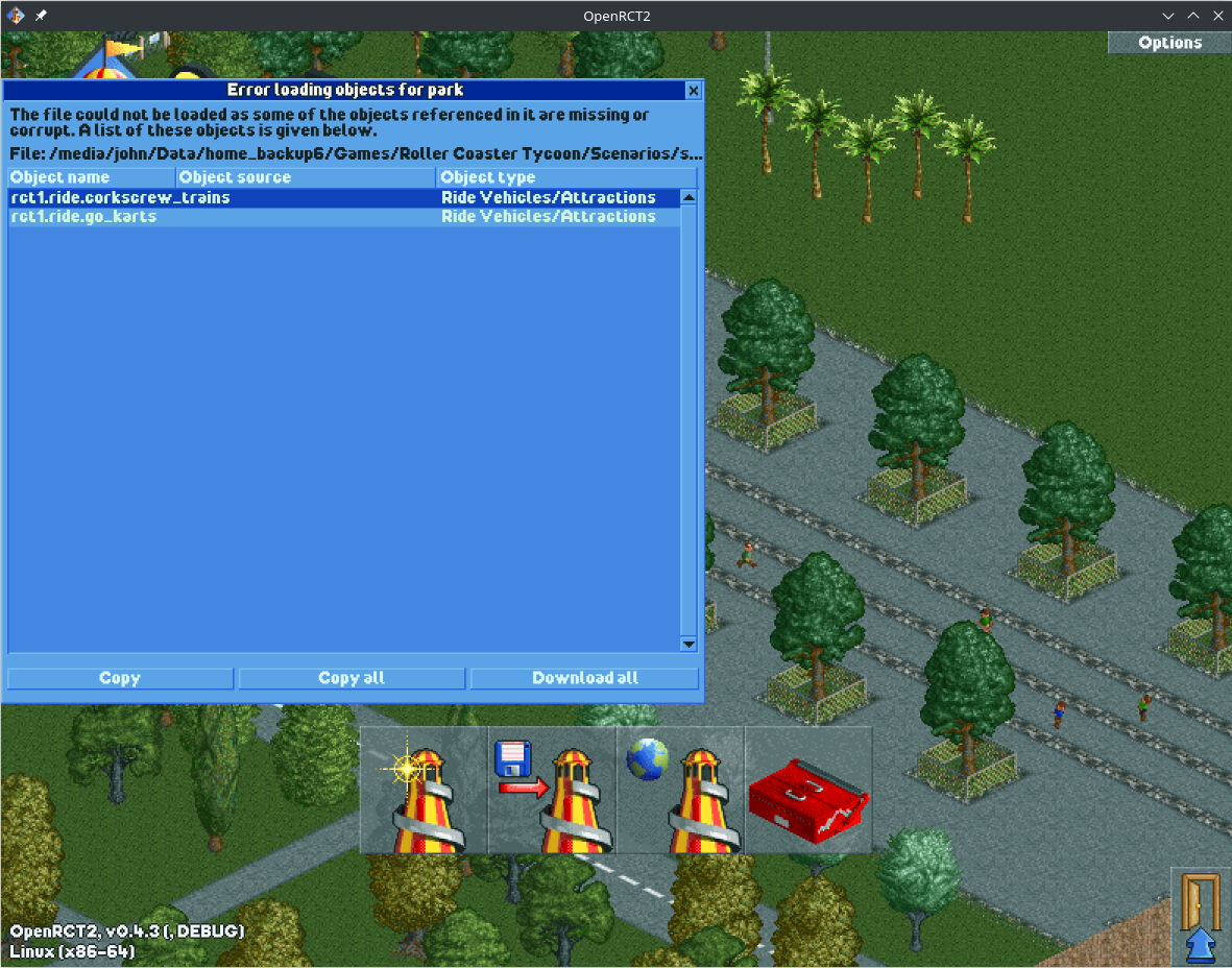 RCT1 go_kart and corkscrew_train objects missing from rct1 ride objects directory (LINUX