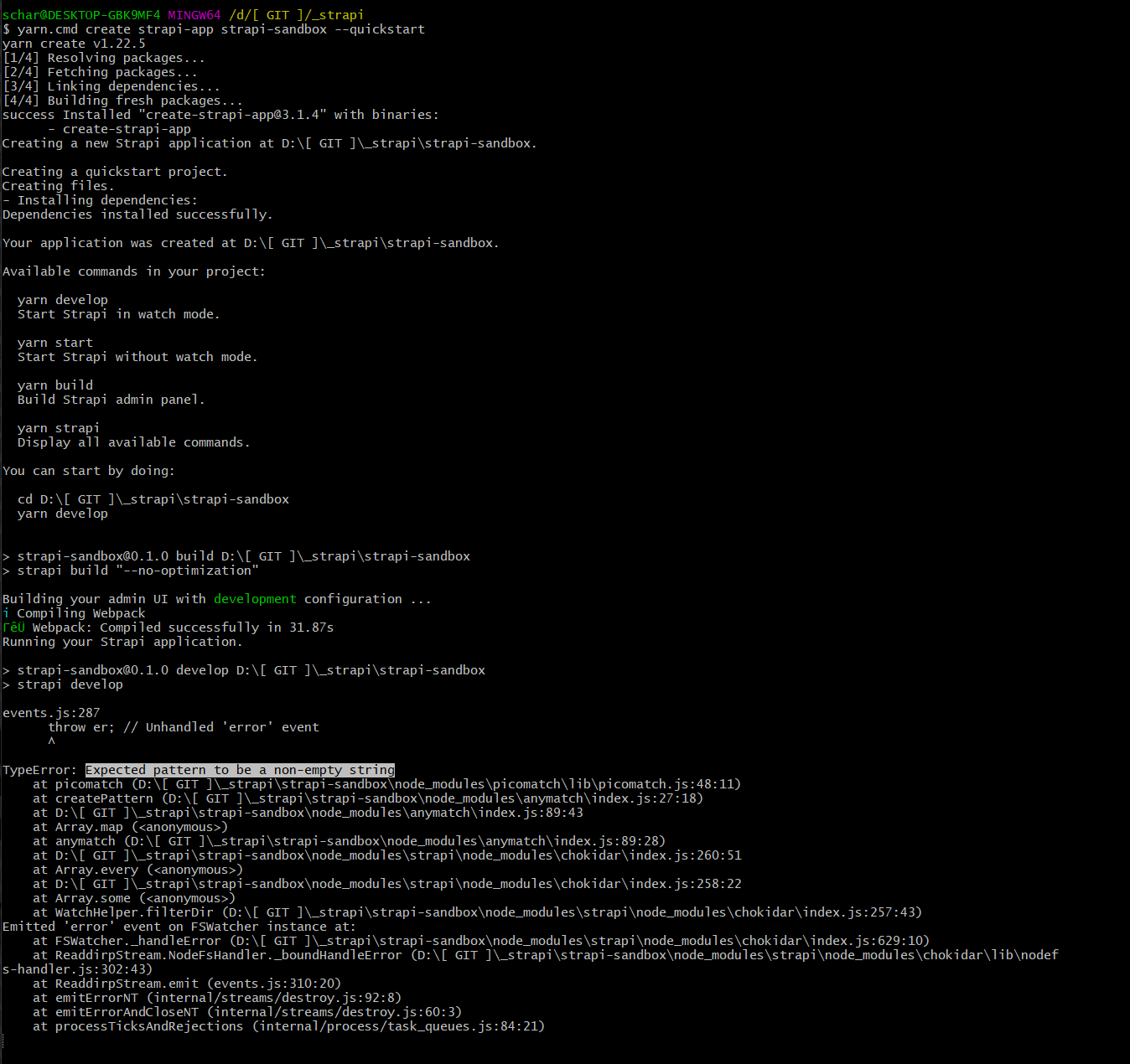 Yarn develop commands result in error after create strapiapp · Issue 7684 · strapi/strapi · GitHub