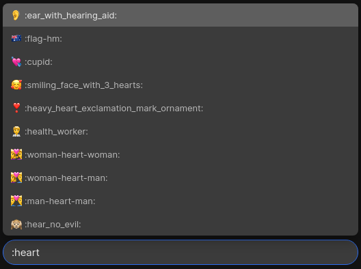 Searching emoji with <code>:heart</code>
