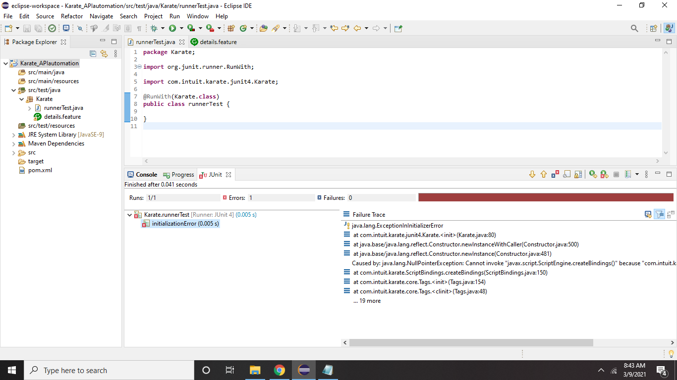 java.lang.ExceptionInInitializerError on running a simple get request from runner class