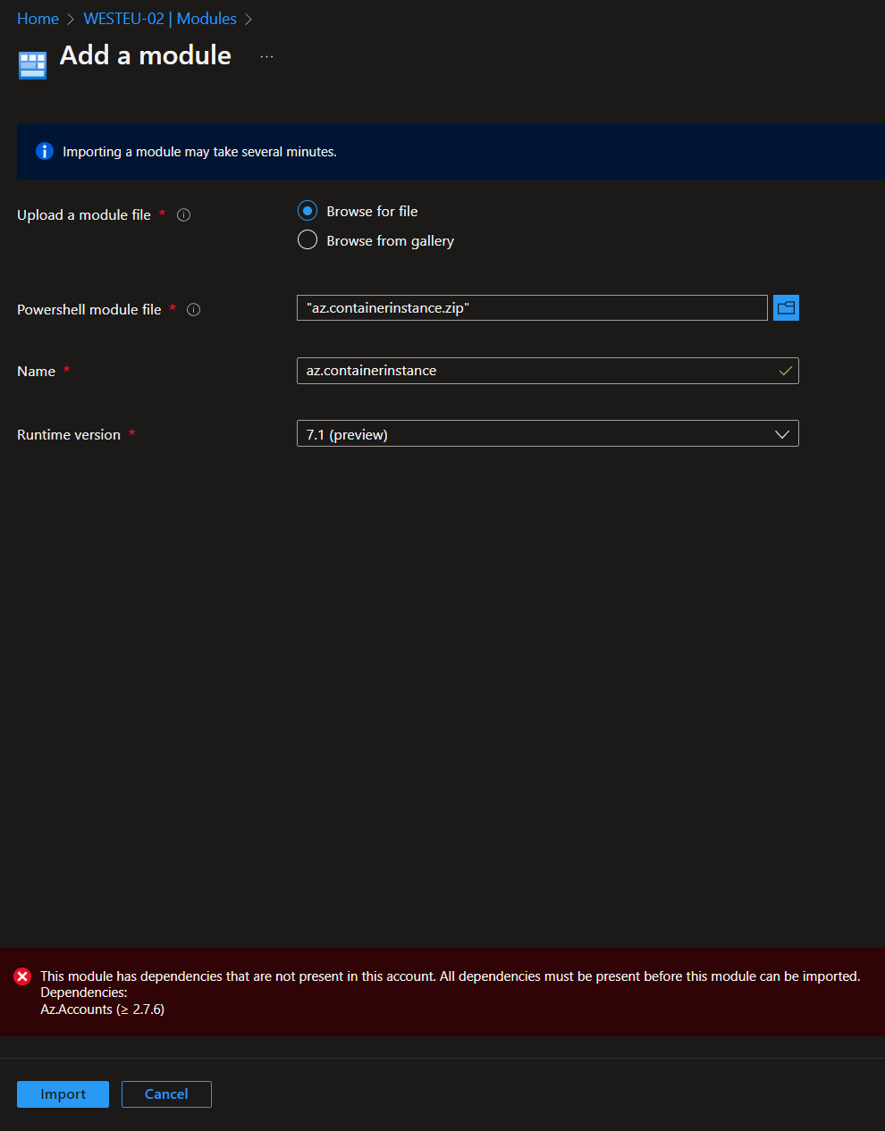 Cannot Import modules from "browse from gallery" which have
