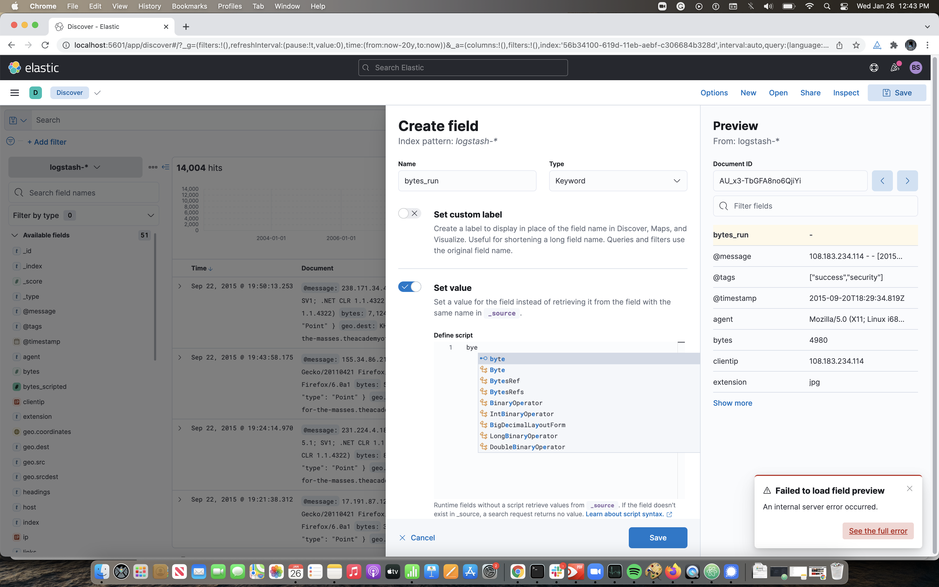 Kibana displays Failed to load field preview internal server error for ...