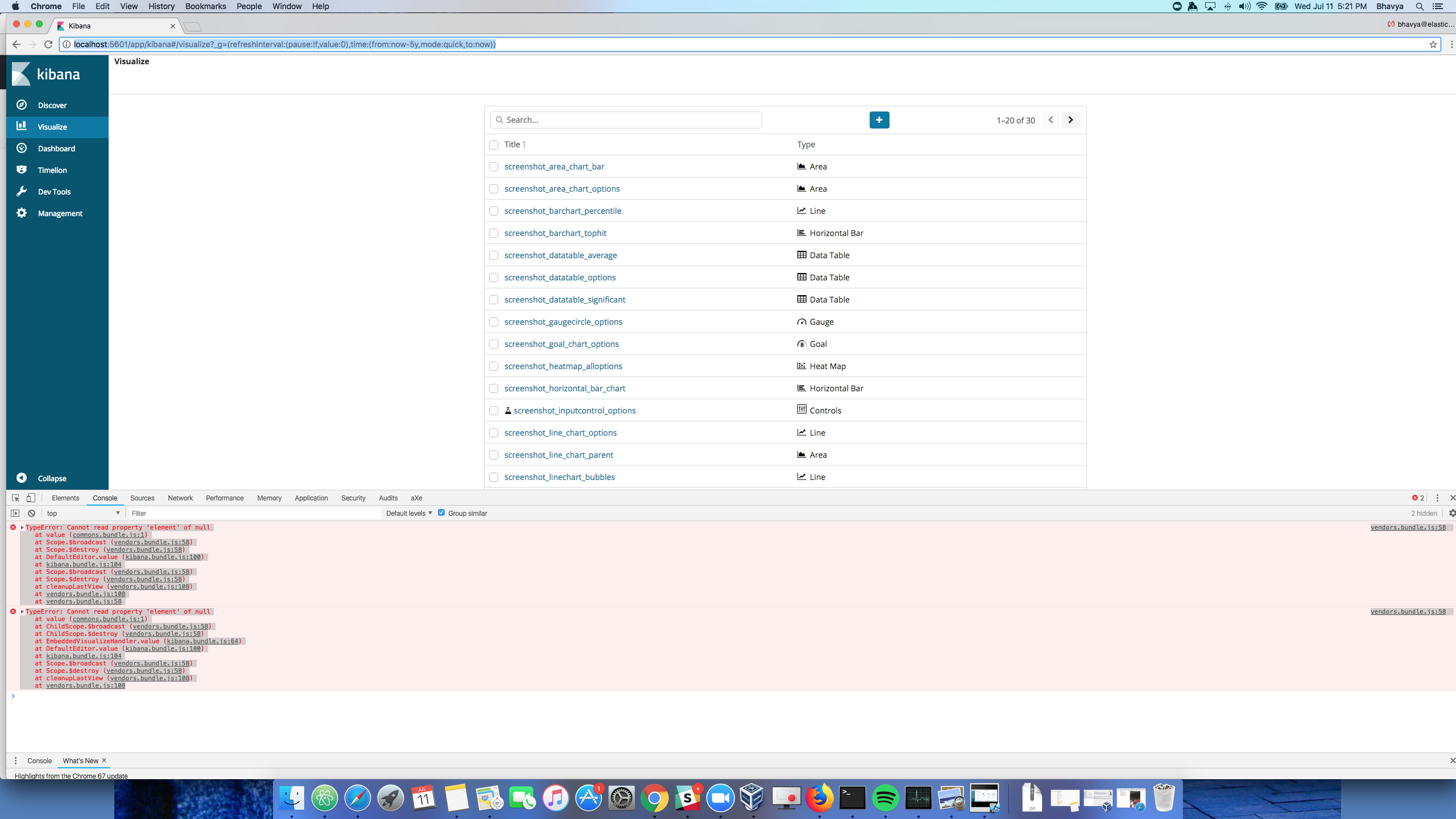 Console error when user navigates back to visualize dashboard app from