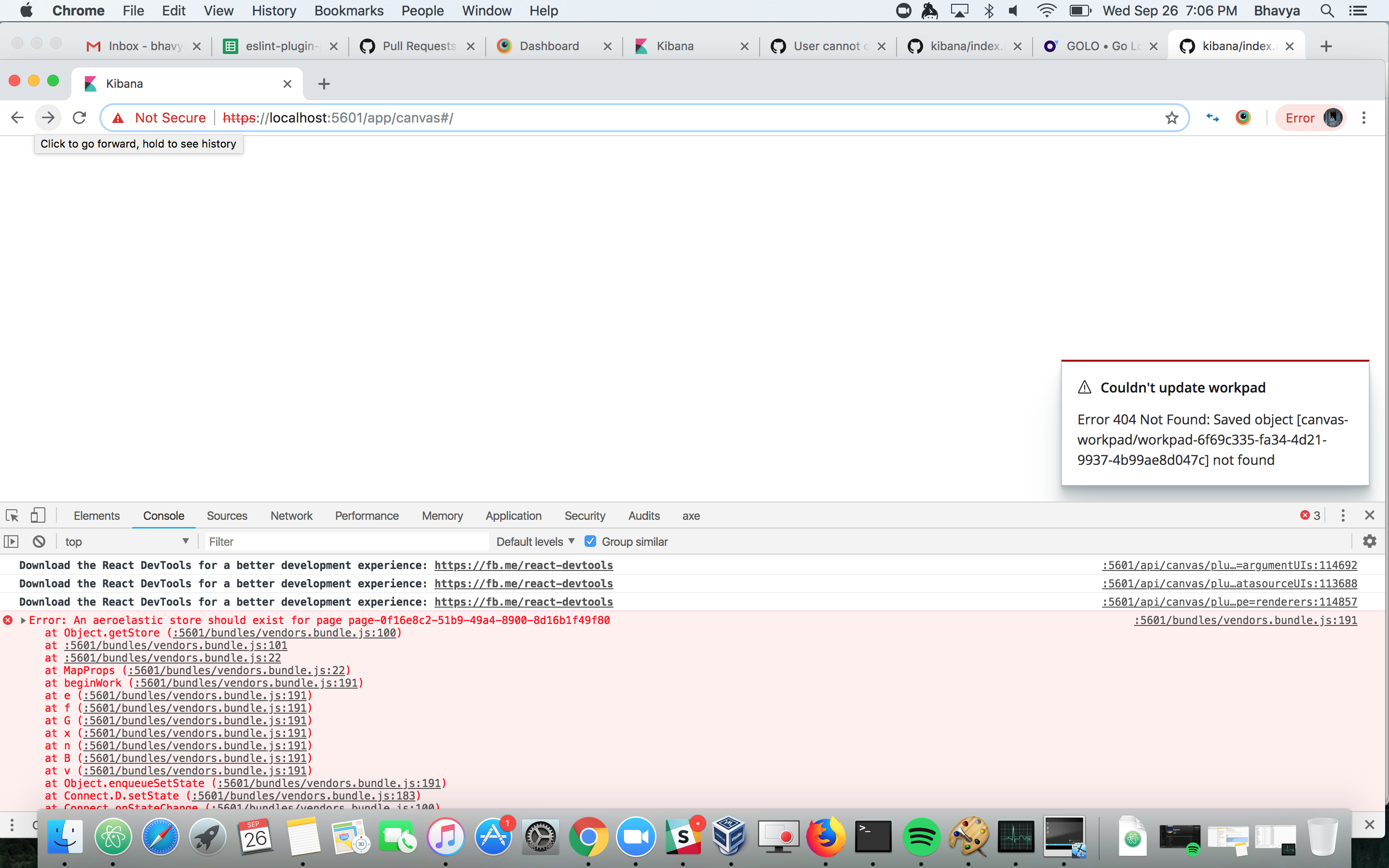 Clicking browser back button on a full screen canvas workpad displays a