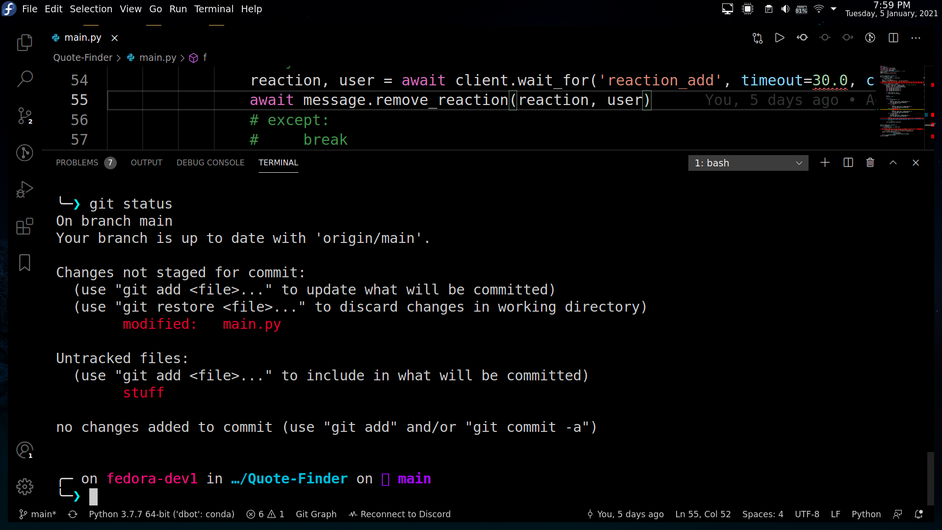 Having issues making git status work and vscode integrated terminal ...