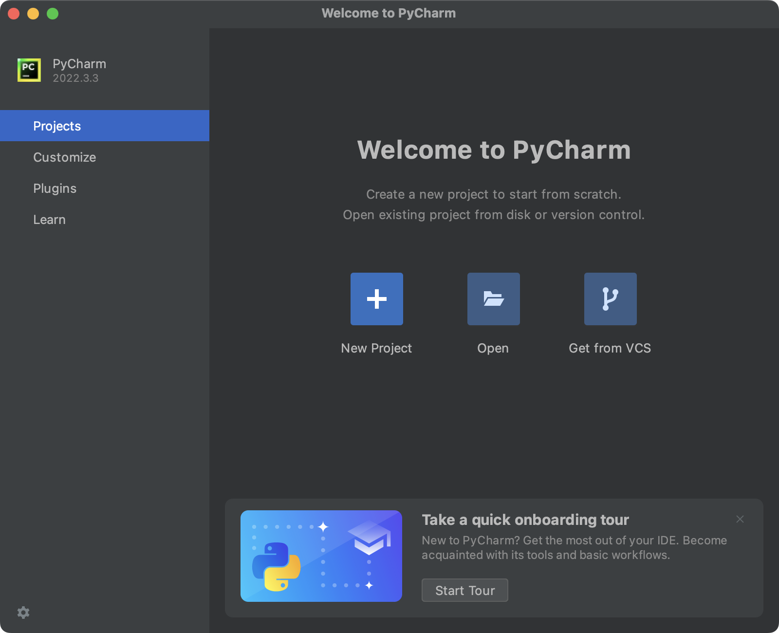 Willkommensbildschirm von PyCharm