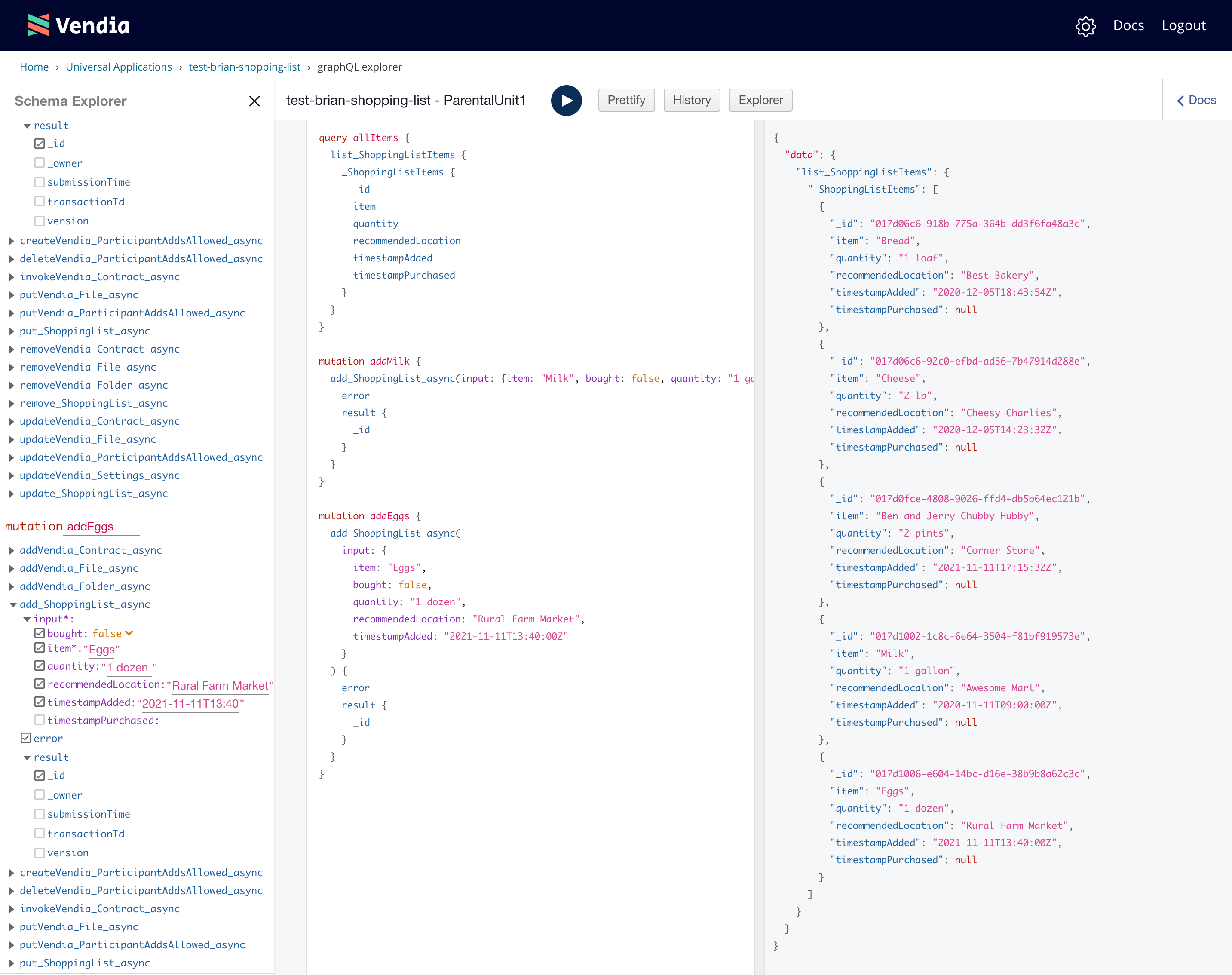 "Screenshot of ParentalUnit1 querying the Shopping List after ice cream, Milk, and Eggs were added"