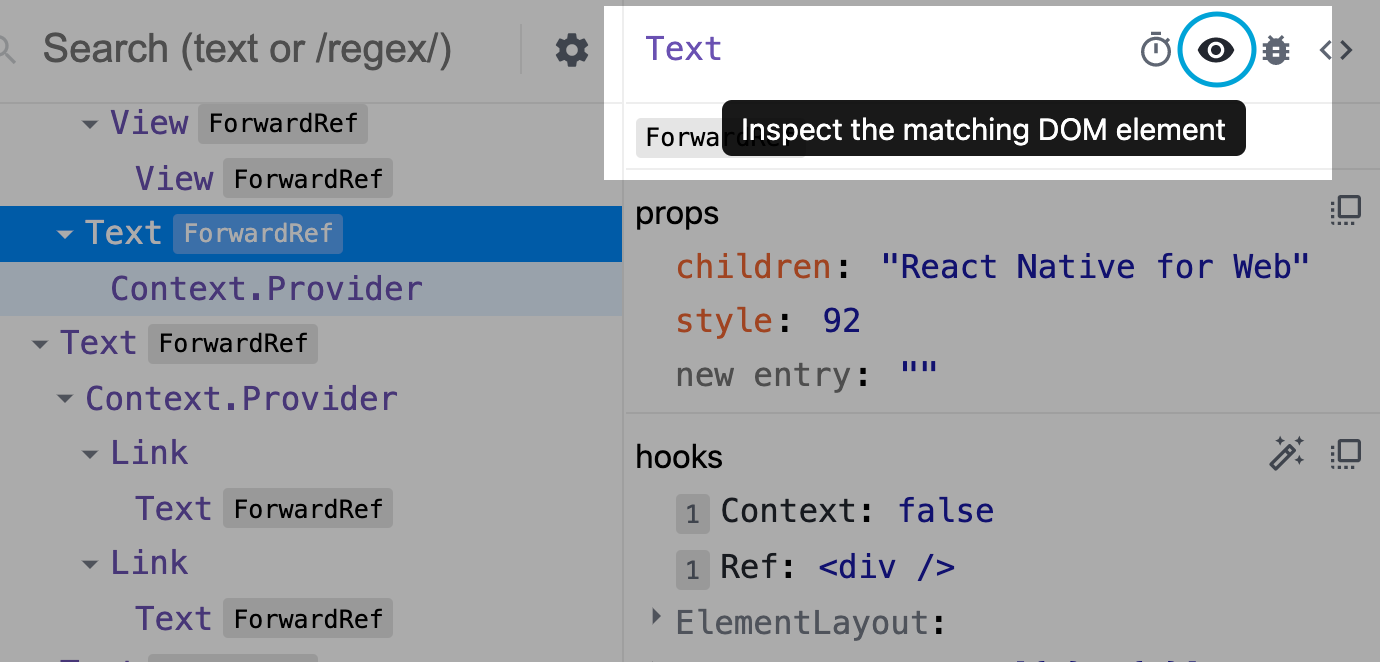 screenshot of the button to inspect the matching DOM element