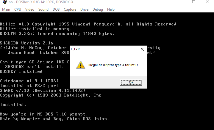 "Illegal Descriptor Type" Error when booting into MS-DOS startup disk ...