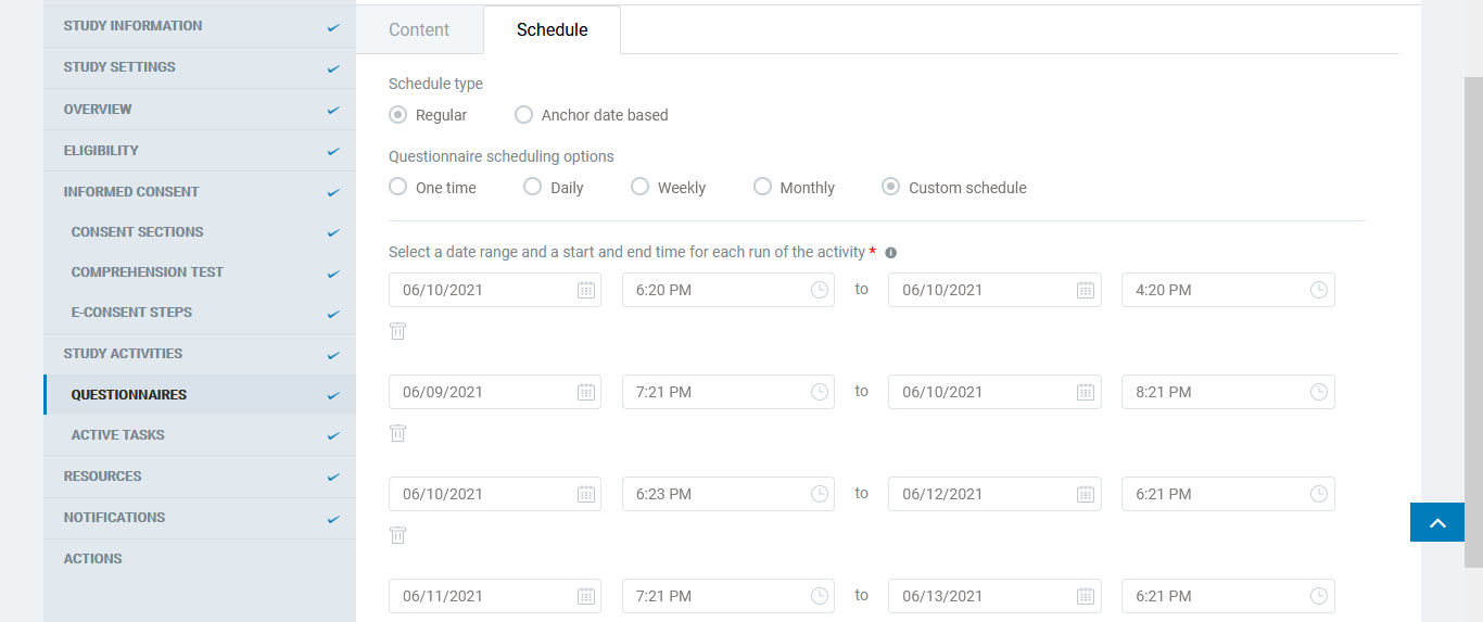 [SB] Questionnaires/Active task > Regular > Schedule tab > Issues in ...