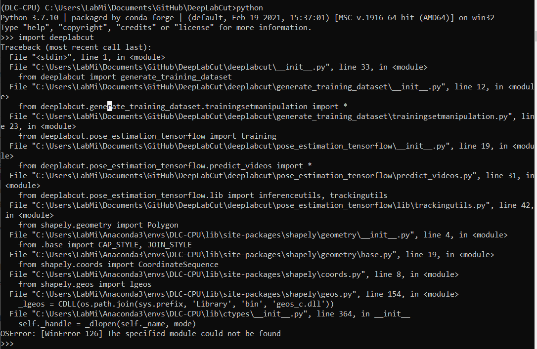 Installing DeepLabCut on Windows 10, can't run testscript.py · Issue ...