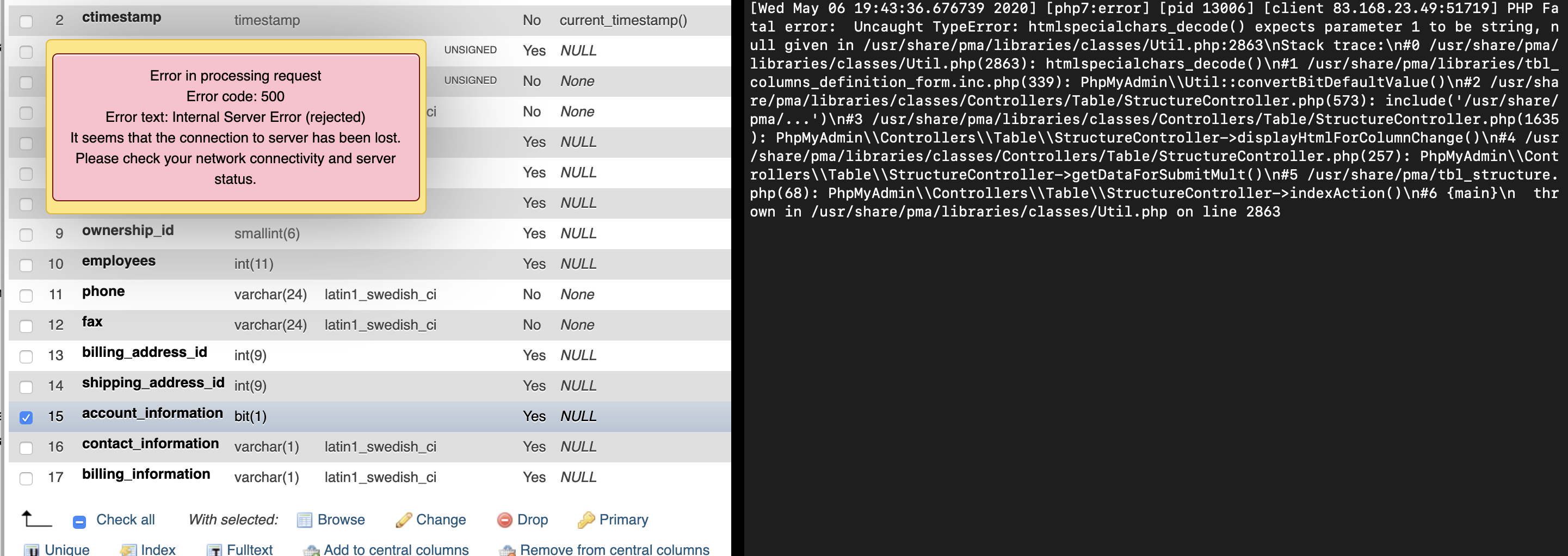 Trying to change any bit(1) column throws Error 500 · Issue #16111 ...