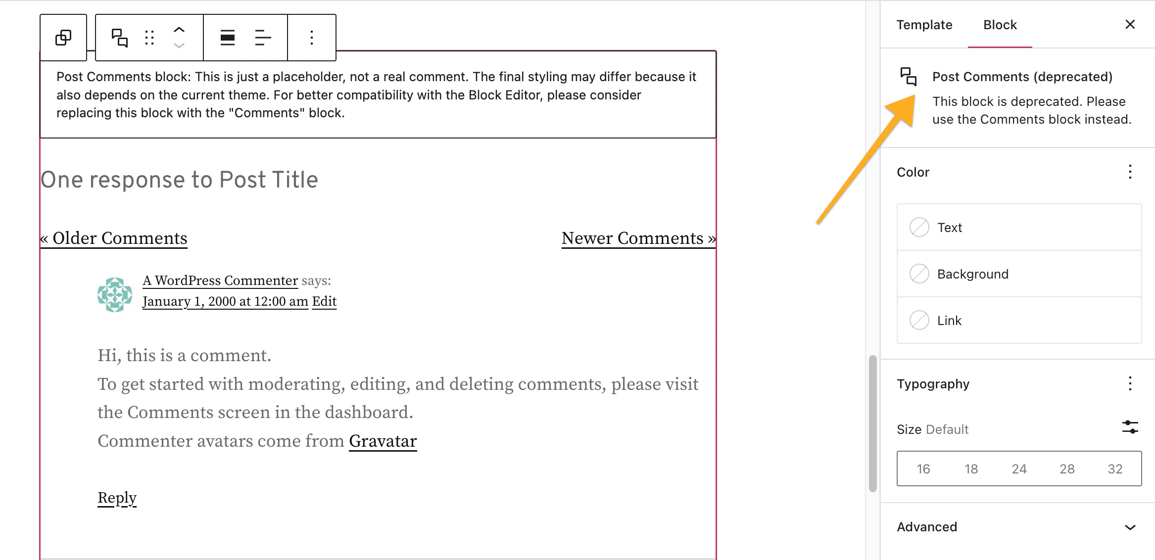 The Post Comments block being used in the default Single template on ...