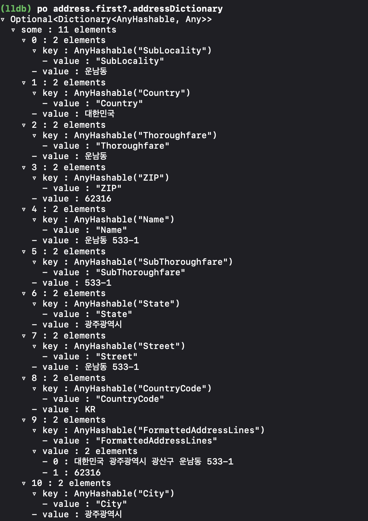 addressDictionary LLDB로그