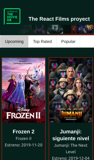 Página de inicio de React Films: películas en cartelera