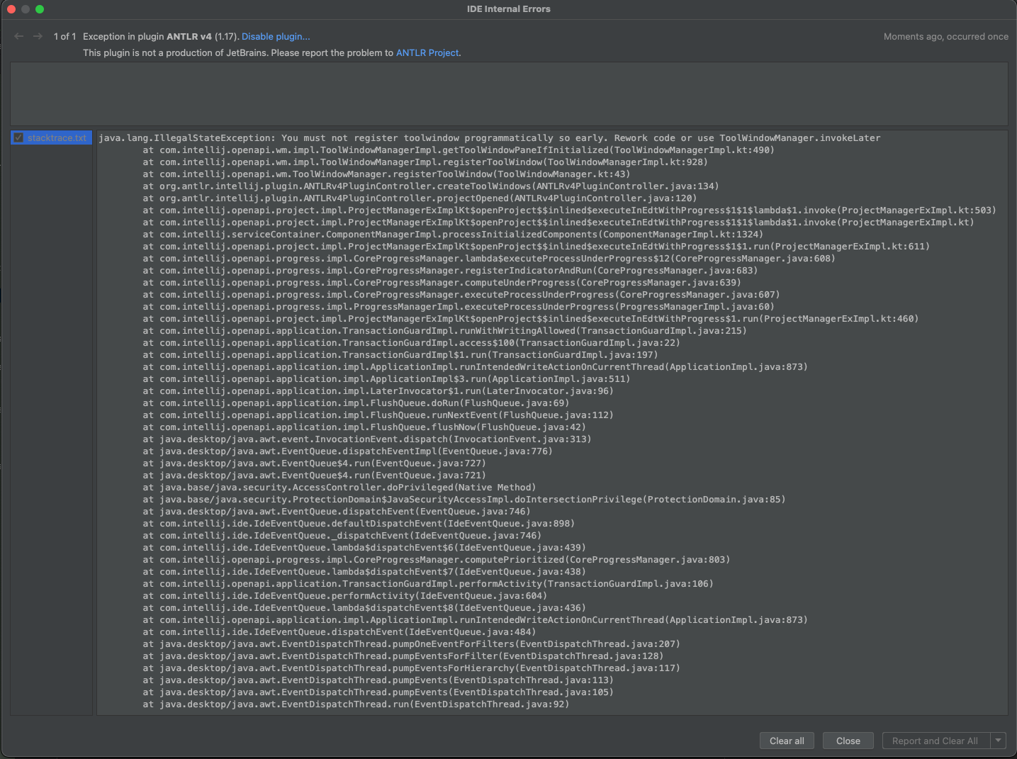 IntelliJ 2022.1 startup issue. · Issue 527 · antlr/intellijpluginv4