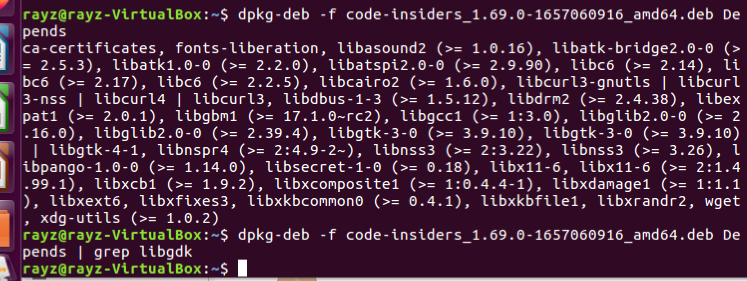 Screenshot showing the package dependencies on an Ubuntu VM