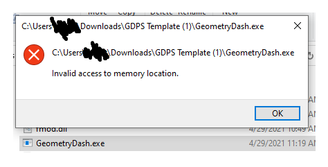 exe wont open, invalid access to memory location · Issue #755 · Cvolton ...