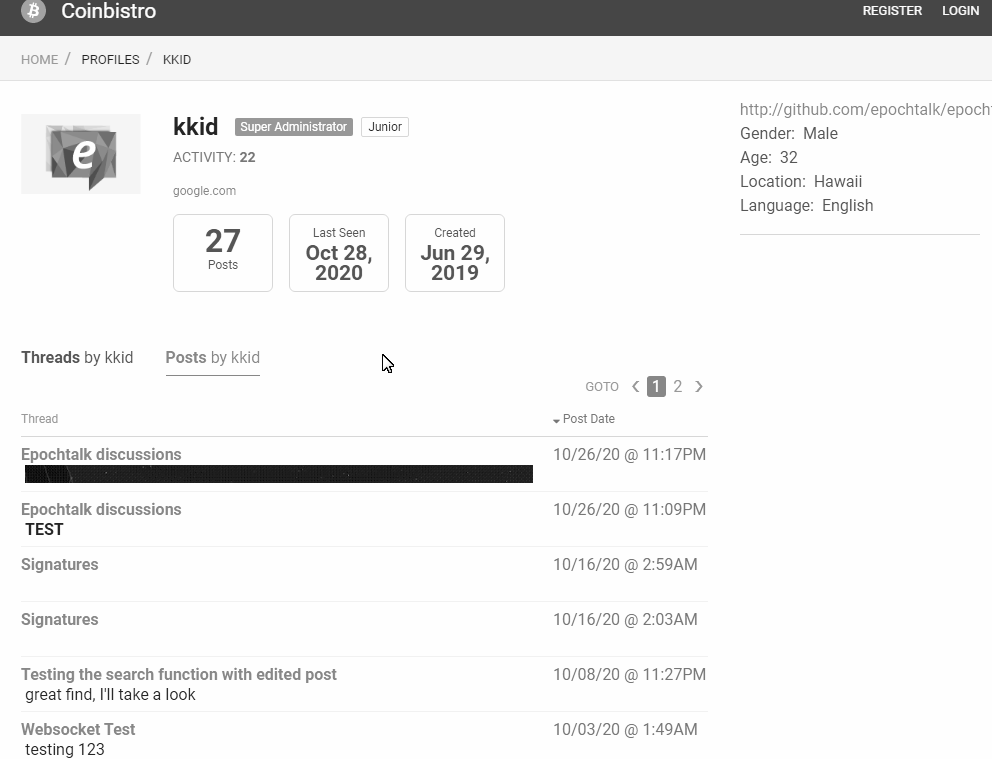 empty page in users profile