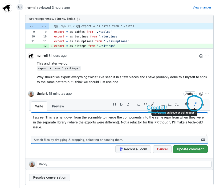 Create issues from within pull request reviews / conversations ...