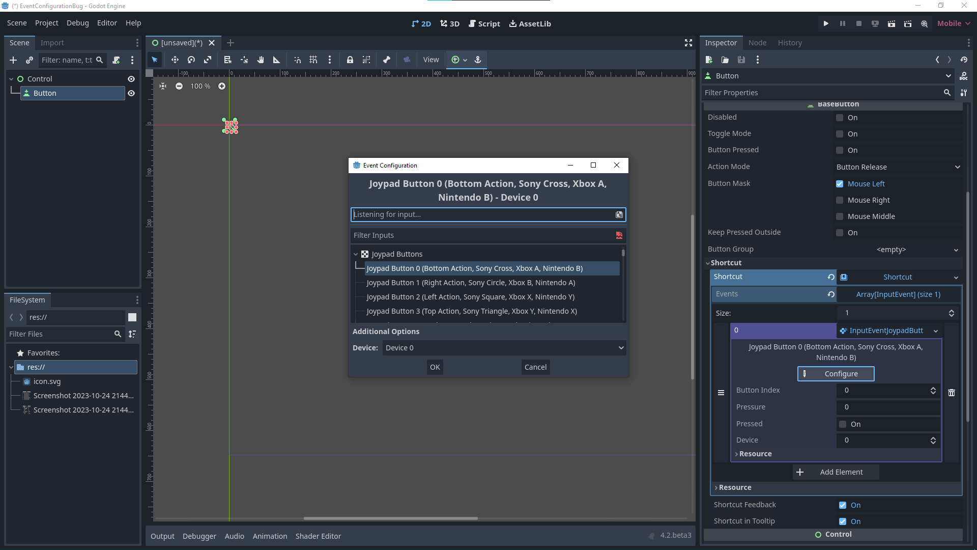 Configuring InputEventJoypadButton in Inspector opens Event ...