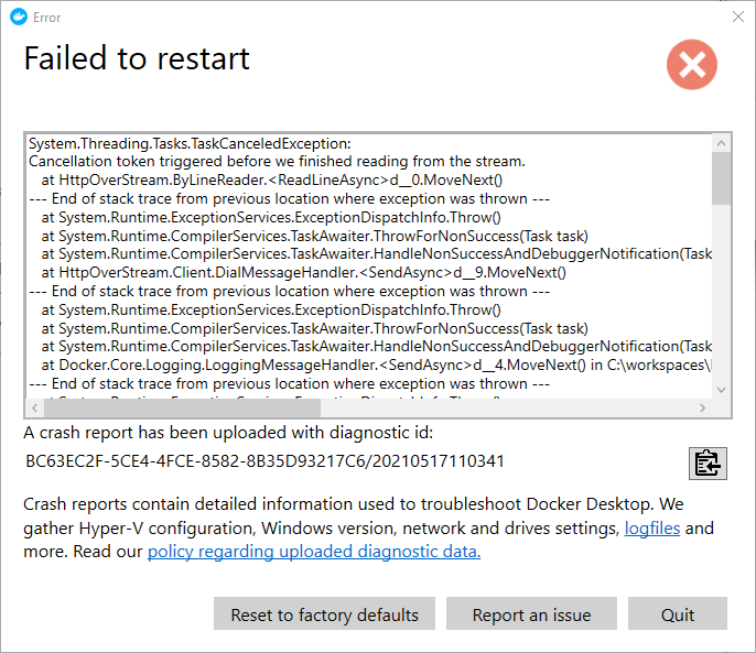 Docker failed to restart · Issue #11222 · docker/for-win · GitHub