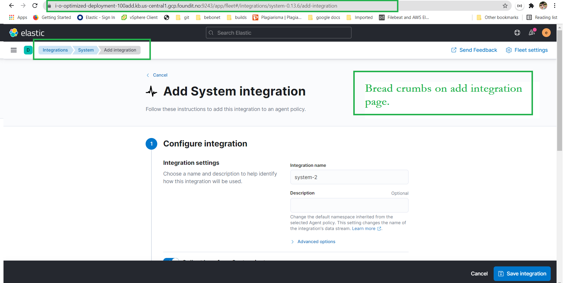[Fleet] Kibana Bread crumb is displayed on the integration tab while ...
