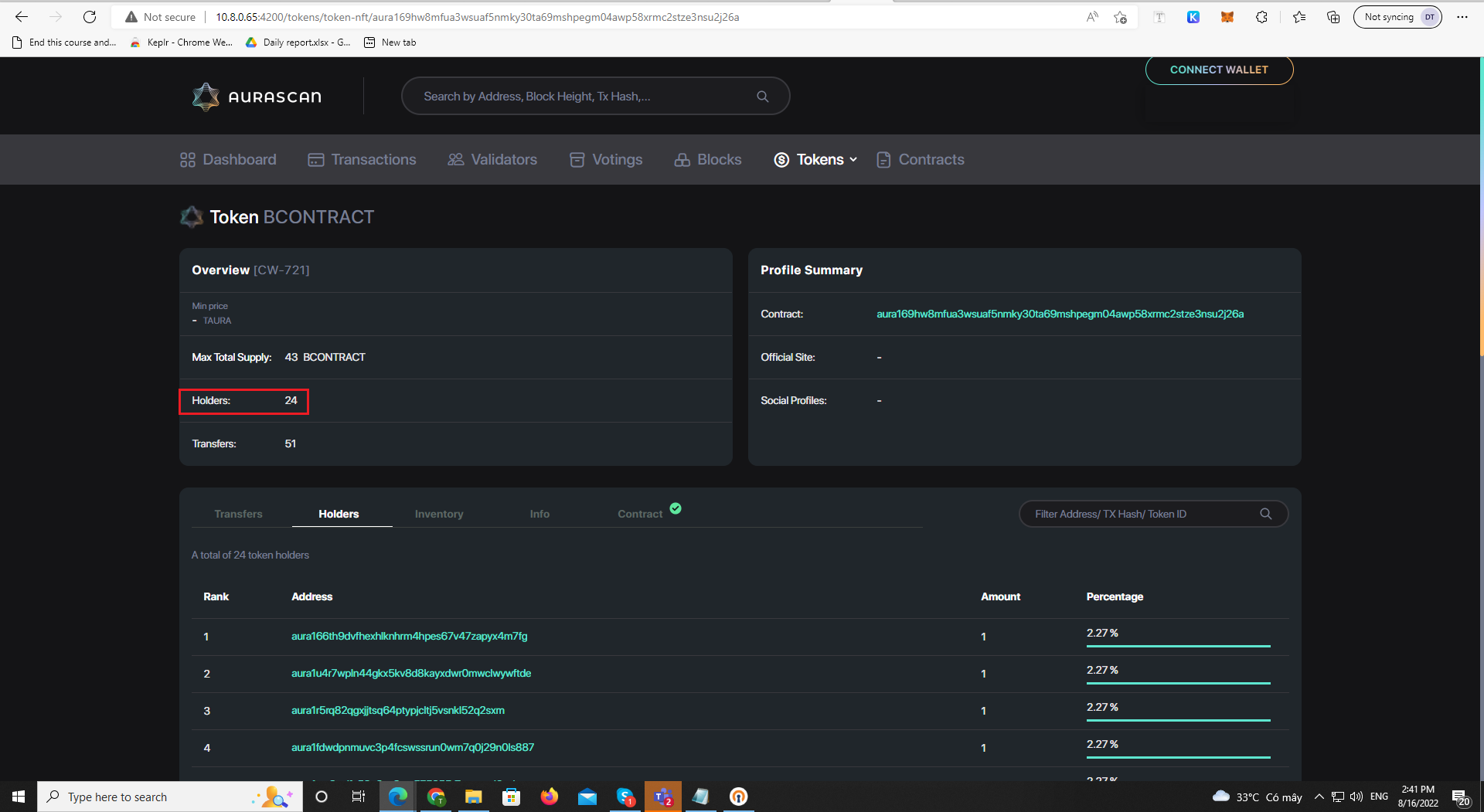 [Aurascan][Tokens][CW20][CW721] Display data incorrectly at Holders tab ...