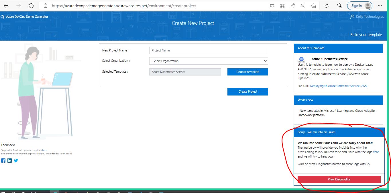 Not able to create a project named 'Azure Kubernetes Service' from demo ...