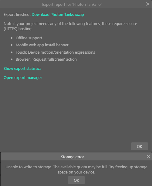 Storage full on export warning message but without implications · Issue ...