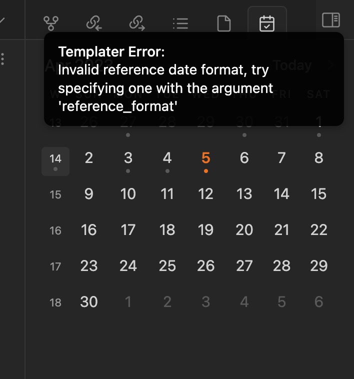 Templater error invalid reference date format try today specifying