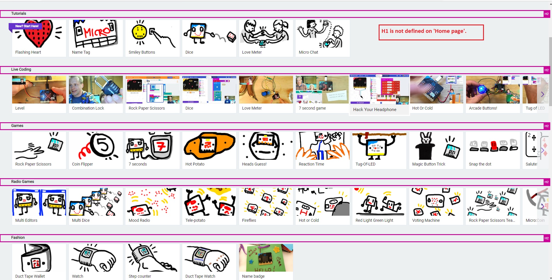 [Screen Reader Make code Home page] H1 heading is not defined on