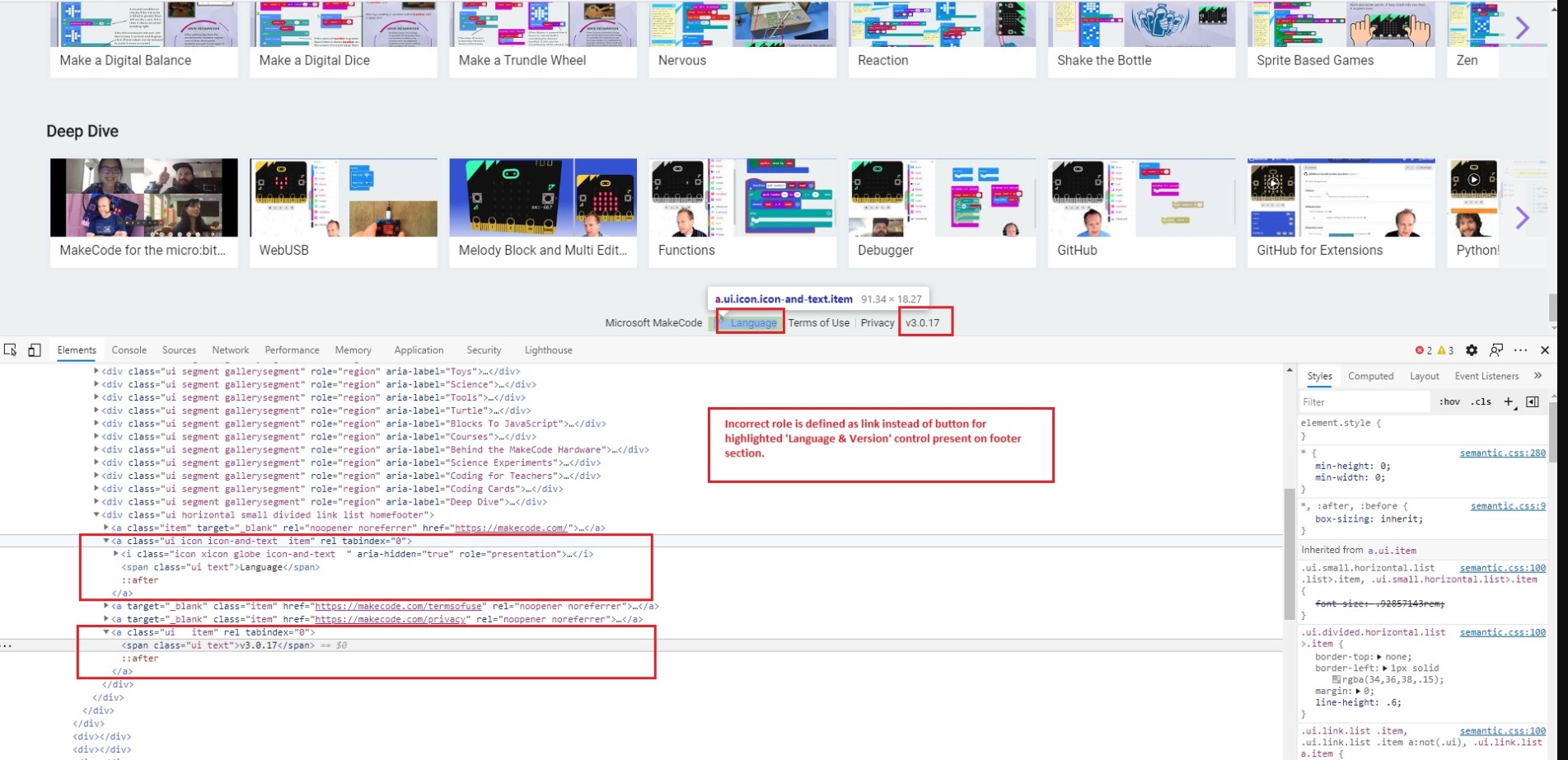 [Programmatic Access Make Code Footer] Incorrect role is defined for 'Language & Version