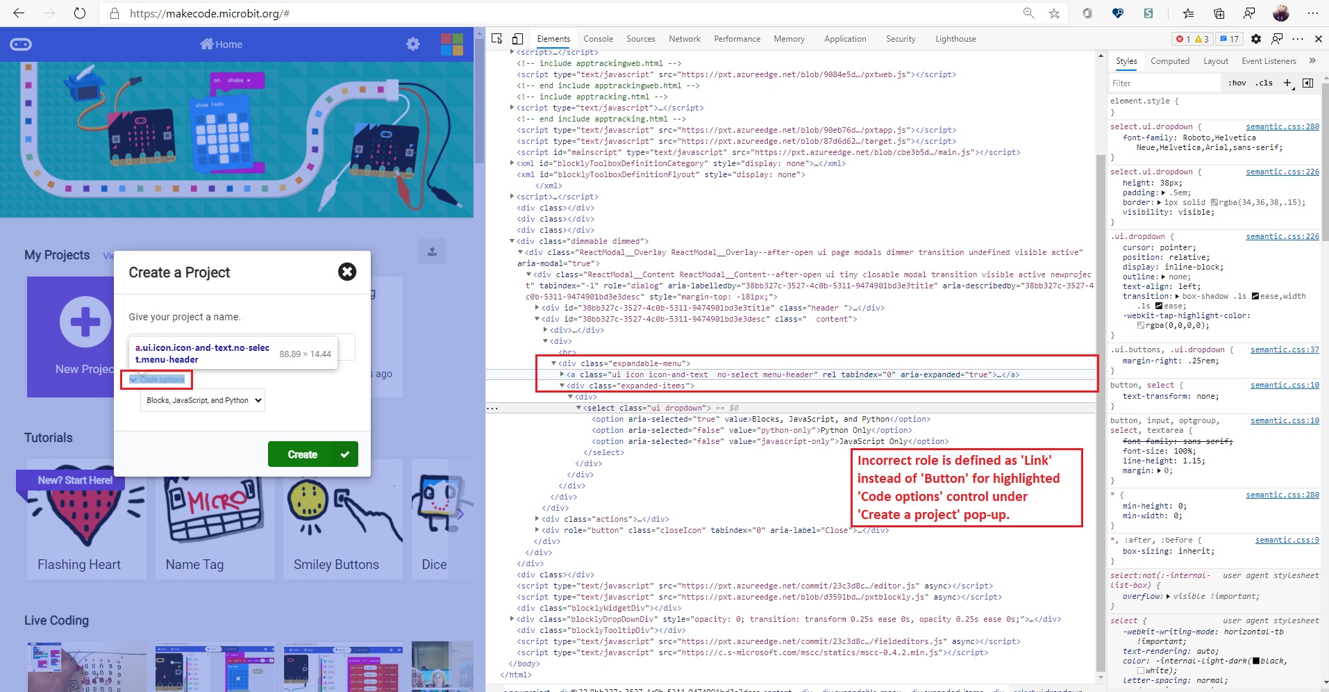 [Programmatic Access Make Code Create a project] Incorrect role is defined for 'Code option